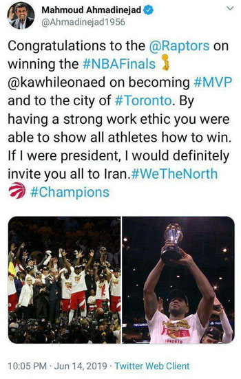 پیام احمدی‌نژاد برای قهرمان NBA