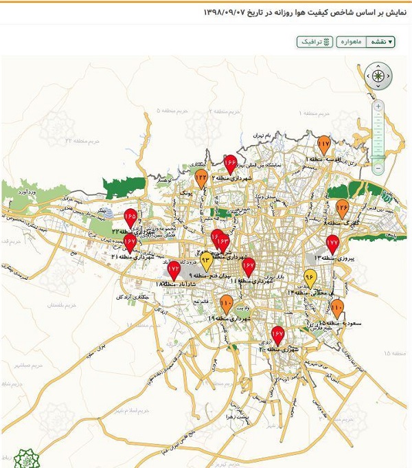 آلوده‌ترین مناطق تهران رویِ نقشه