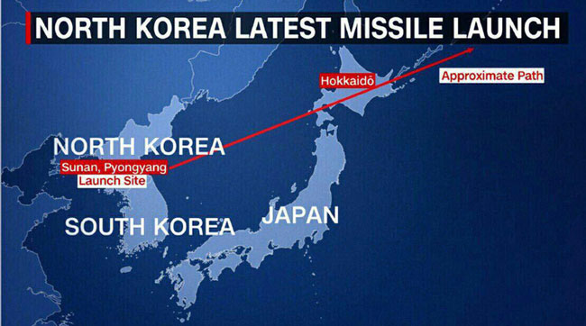 مسیر پرتاب موشک کره شمالی به سوی ژاپن