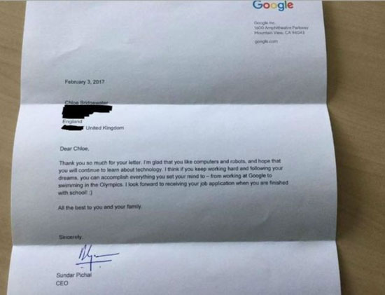 نامه دختربچه 7 ساله به مدیرعامل گوگل