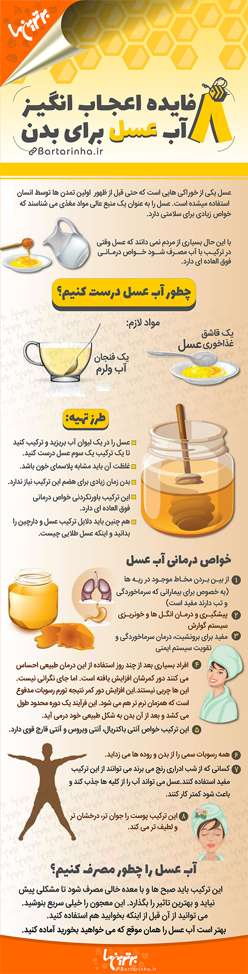 اینفوگرافی؛ ۸ فایده اعجاب انگیز آب عسل برای بدن
