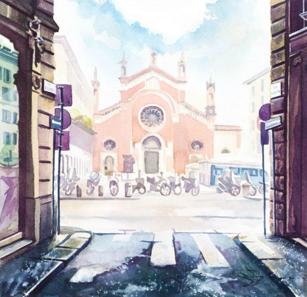 نقاشی های آبرنگی از مکان های توریستی شهر میلان ایتالیا
