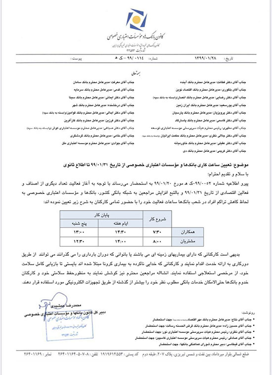 ساعت کار جدید بانک‌ها و موسسات خصوصی