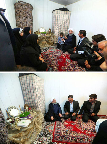 روحانی در کانکس یکی از زلزله زدگان کرمانشاه