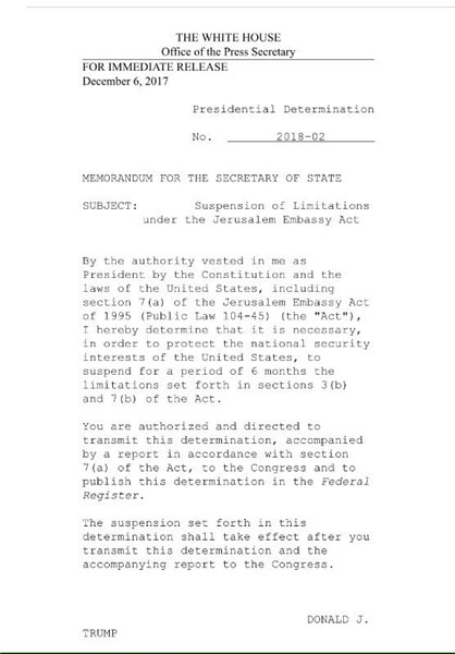 تعلیق طرح انتقال سفارت آمریکا به «بیت‌ المقدس»