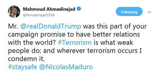 پیام انگلیسی احمدی‌نژاد خطاب به «ترامپ»