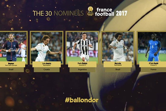 اعلام 5 بازیکن اولیه کاندیدای توپ طلا 2017
